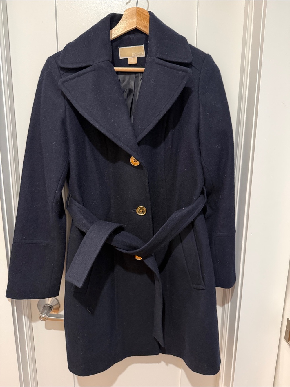 Michael Kors Navy Belted Wool Trench Coat